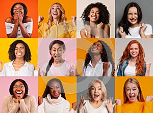 Collage with amazed multiethnic young women on colorful background