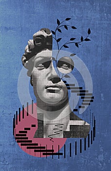 Collage with antique sculptures as human face in pop art style. Modern creative concept image with ancient statue head