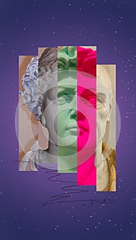 Collage with antique sculptures as human face in pop art style. Modern creative concept image with ancient statue head