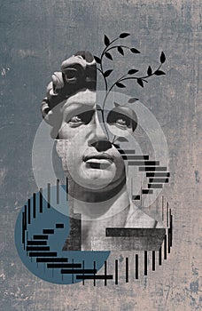 Collage with antique sculptures as human face in pop art style. Modern creative concept image with ancient statue head