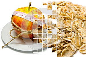 Collage of apple surrounding of measuring tape tied with twine a