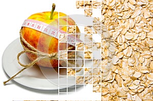 Collage of apple surrounding of measuring tape tied with twine a