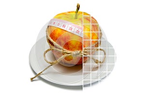 Collage of apple surrounding of measuring tape tied with twine w