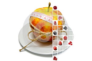 Collage of apple surrounding of measuring tape tied with twine w