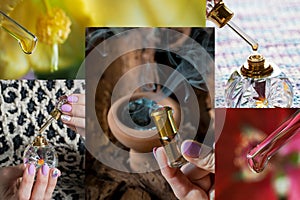 Collage with Arabian oud attar perfume or agarwood oil fragrances in mini bottles.