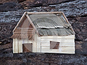 Collage art house realistic.Creative natural wooden craft