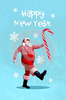 Collage art postcard of christmas time brochure for happy new year santa claus holding sweet candy cane isolated on blue