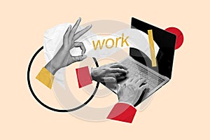 Collage art work conceptual illustration of human hands typing keyboard laptop and show okey sign isolated on beige