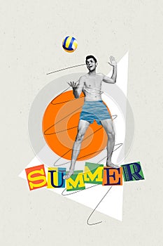 Collage artwork of excited funky guy playing beach volleyball isolated painting grey color background