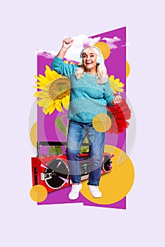 Collage artwork graphics picture of cool funky senior lady feeling young having fun isolated painting background