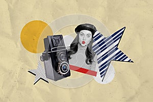 Collage artwork graphics picture of flirty funky lady sending kiss enjoying tacking vintage camera photos isolated beige