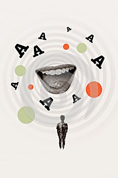 Collage artwork minimal illustration of personage man looking at human mouth open mouth speaking letters isolated on