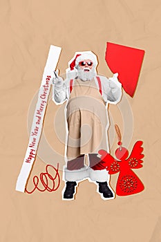 Collage artwork minimal picture of cool santa cutting christmas decorations showing thumb up isolated beige color