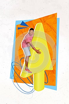 Collage artwork photo of crazy youngster business startup owner guy flying yellow arrow success progress poster isolated