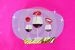 Collage artwork picture of pouted plump lips drinking red whine isolated creative neon pink color background