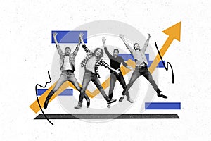 Collage artwork sketch of happy people business team celebrate success progress isolated on drawing background