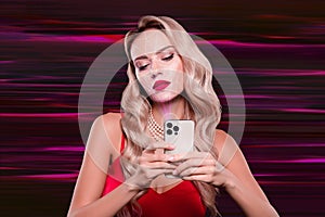 Collage artwork of young gorgeous stunning woman in red dress using her 3d hologram technology using smartphone