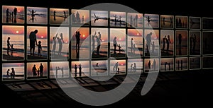 Collage as TV from many photos family on beach photo