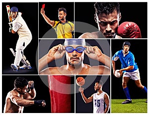 Collage, athletes and sports with cricket, rugby and basketball for winner, world cup and and nba. Training, fitness and photo
