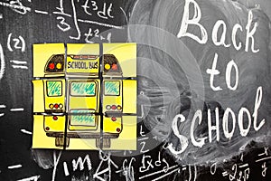 Collage of Back to school background with title Back to school and school bus written on the yellow pieces of paper on photo