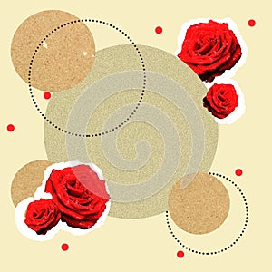 Collage background with roses and round frame. Backdrop for zine, photo and other design