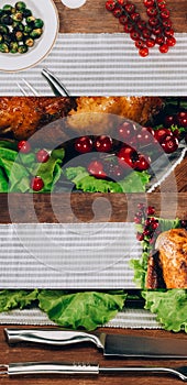 Collage of baked turkey with redcurrant served on lettuce leaves on wooden table with striped tablecloth