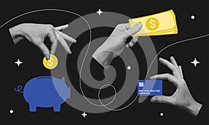 Collage banner with cut out hands holding coin, money banknote, credit card. Financial planning concept