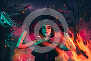 Collage banner of frightening mystic lady witch burning fire gothic  dark image color background