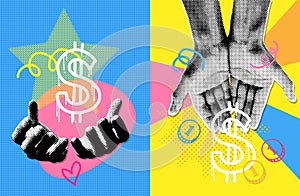 Collage banner set with halftone effect hands with money. Textured poster background with abstract shapes and stars