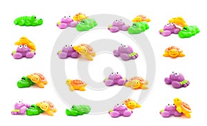 Collage of bath toys crab, crocodile and turtle isolated on a white background