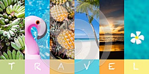 Collage beach summer in abstract style. Mockup, space for text. Beautiful beach. Tropical vacation background with bananas,