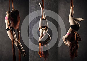 Collage of Beautiful dancer on aerial silk, graceful contortion, acrobat performs a trick on a ribbons