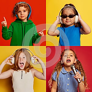 Collage. Beautiful, emotional girls, children singing, listening to music in headphones, posing over multicolored