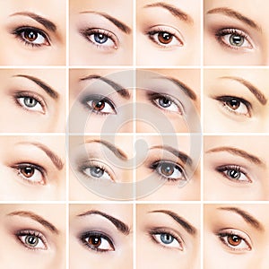 Collage of beautiful female eyes with makeup