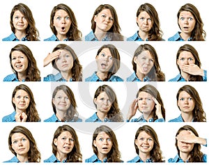 Collage of beautiful girl with different facial expressions