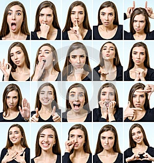 Collage of beautiful girl with different facial expressions