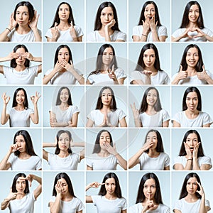 Collage of beautiful girl with different facial expressions