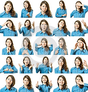 Collage of beautiful girl with different facial expressions