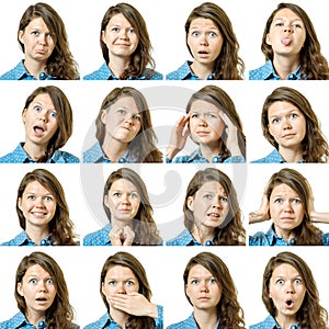 Collage of beautiful girl with different facial expressions