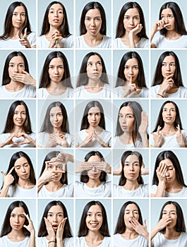 Collage of beautiful girl with different facial expressions