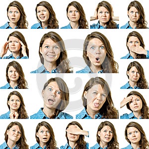 Collage of beautiful girl with different facial expressions photo