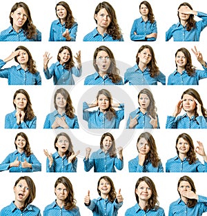 Collage of beautiful girl with different facial expressions photo