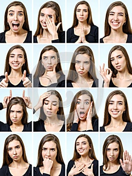 Collage of beautiful girl with different facial expressions photo