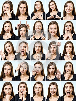 Collage of beautiful girl with different facial expressions