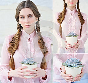 Collage with beautiful girl holding flower pot