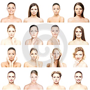 Collage of beautiful, healthy and young spa portraits. Faces of different women. Face lifting, skincare, plastic surgery