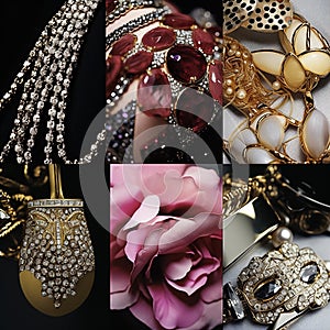 Collage of beautiful jewelry with gemstones. Vintage jewellery collection. Generative AI