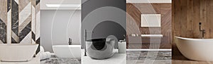 Collage with beautiful and modern bathrooms. Home or hotel interiors in contemporary style. Banner with luxury bathrooms