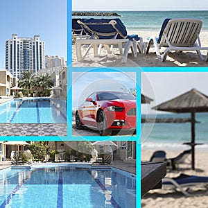 Collage of beautiful pictures with luxury hotels, tropical resorts and car