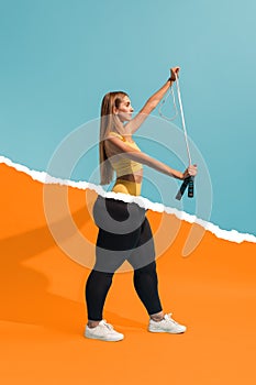 Collage with beautiful thin girl with body of plus-size woman isolated on colorful background. Weight loss, fitness